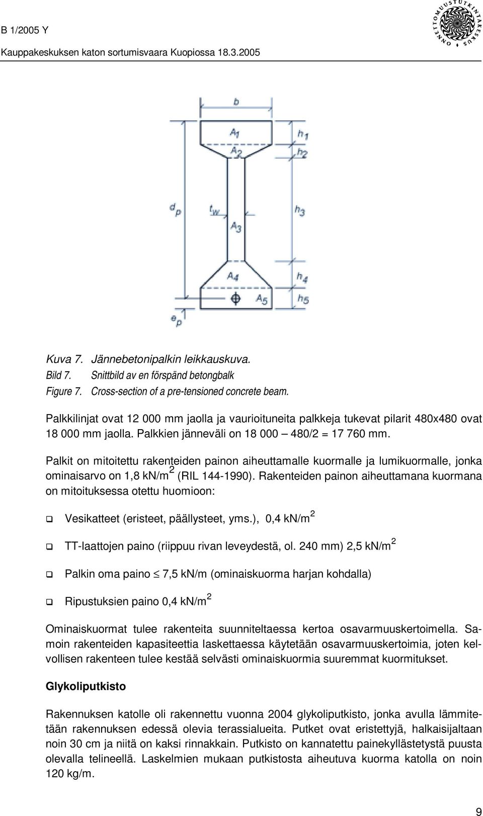 Palkit on mitoitettu rakenteiden painon aiheuttamalle kuormalle ja lumikuormalle, jonka ominaisarvo on 1,8 kn/m 2 (RIL 144-1990).