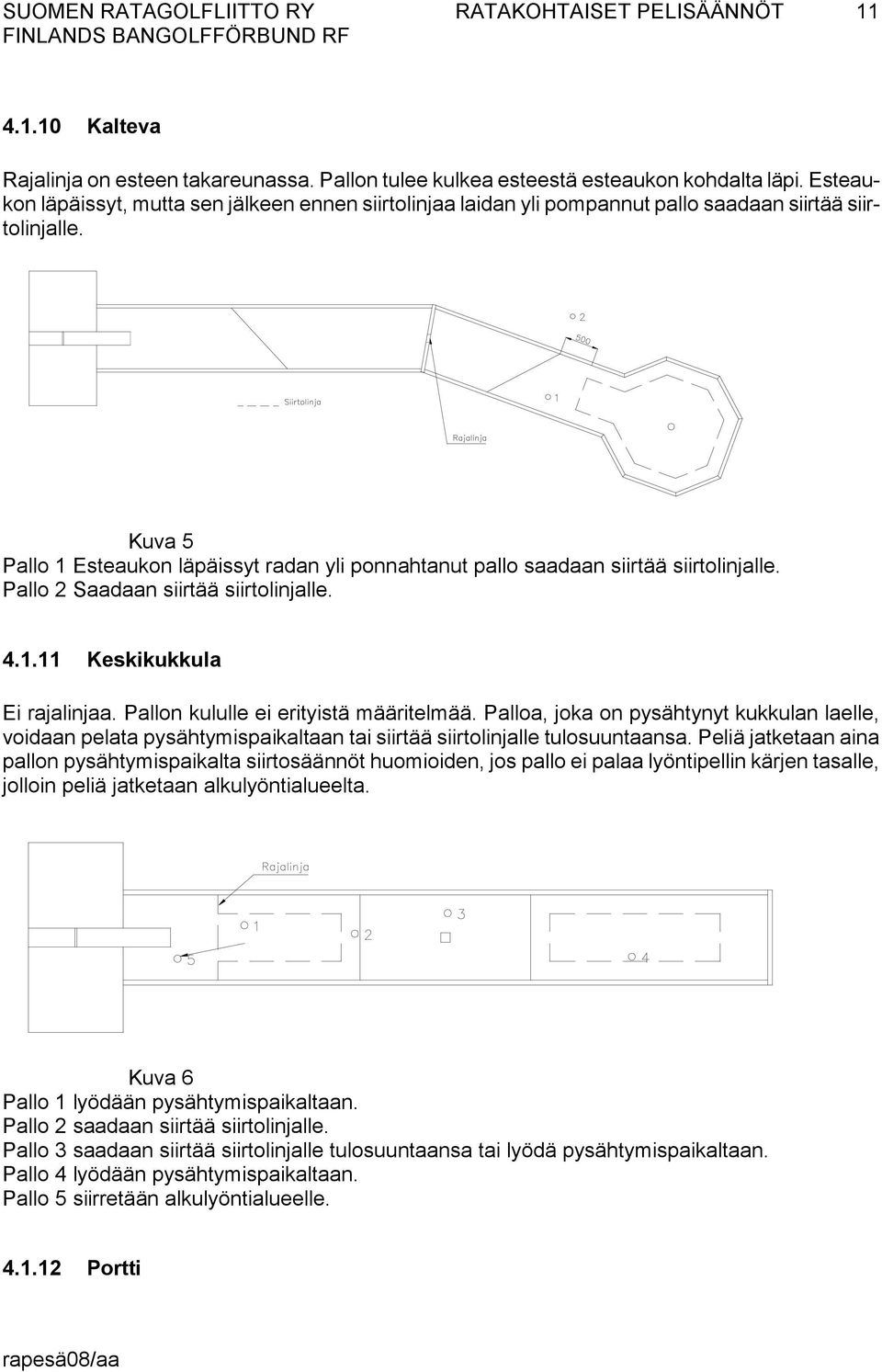 Kuva 5 Pallo 1 Esteaukon läpäissyt radan yli ponnahtanut pallo saadaan siirtää siirtolinjalle. Pallo 2 Saadaan siirtää siirtolinjalle. 4.1.11 Keskikukkula Ei rajalinjaa.