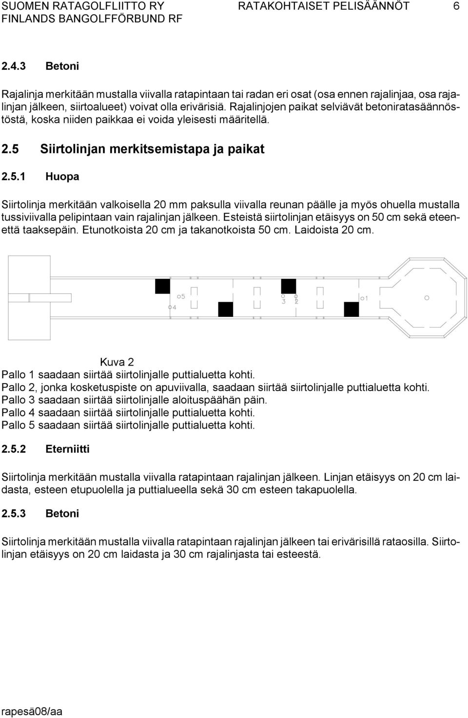 Siirtolinjan merkitsemistapa ja paikat 2.5.1 Huopa Siirtolinja merkitään valkoisella 20 mm paksulla viivalla reunan päälle ja myös ohuella mustalla tussiviivalla pelipintaan vain rajalinjan jälkeen.