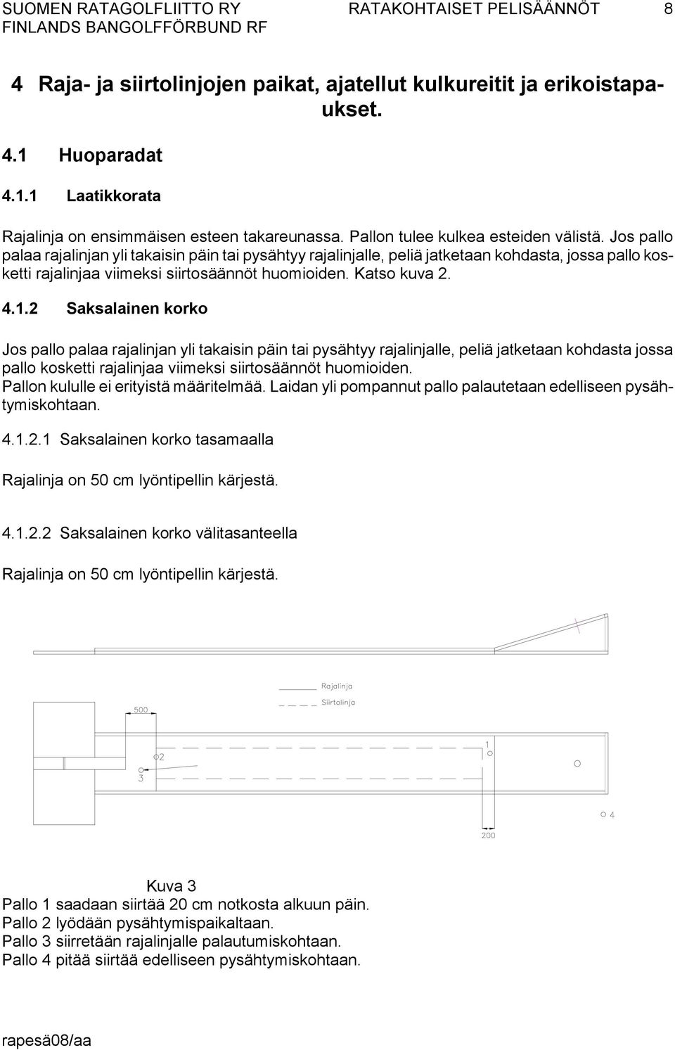 2 Saksalainen korko Jos pallo palaa rajalinjan yli takaisin päin tai pysähtyy rajalinjalle, peliä jatketaan kohdasta jossa pallo kosketti rajalinjaa viimeksi siirtosäännöt huomioiden.