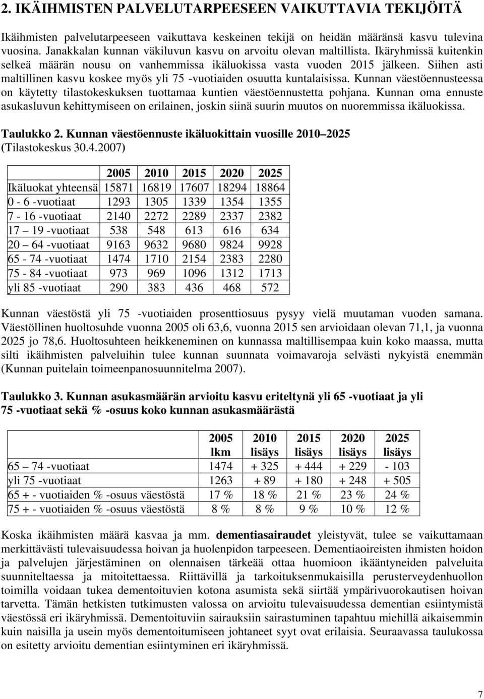 Siihen asti maltillinen kasvu koskee myös yli 75 -vuotiaiden osuutta kuntalaisissa. Kunnan väestöennusteessa on käytetty tilastokeskuksen tuottamaa kuntien väestöennustetta pohjana.