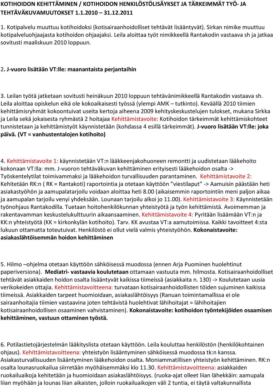 Leila aloittaa työt nimikkeellä Rantakodin vastaava sh ja jatkaa sovitusti maaliskuun 2010 loppuun. 2. J-vuoro lisätään VT:lle: maanantaista perjantaihin 3.