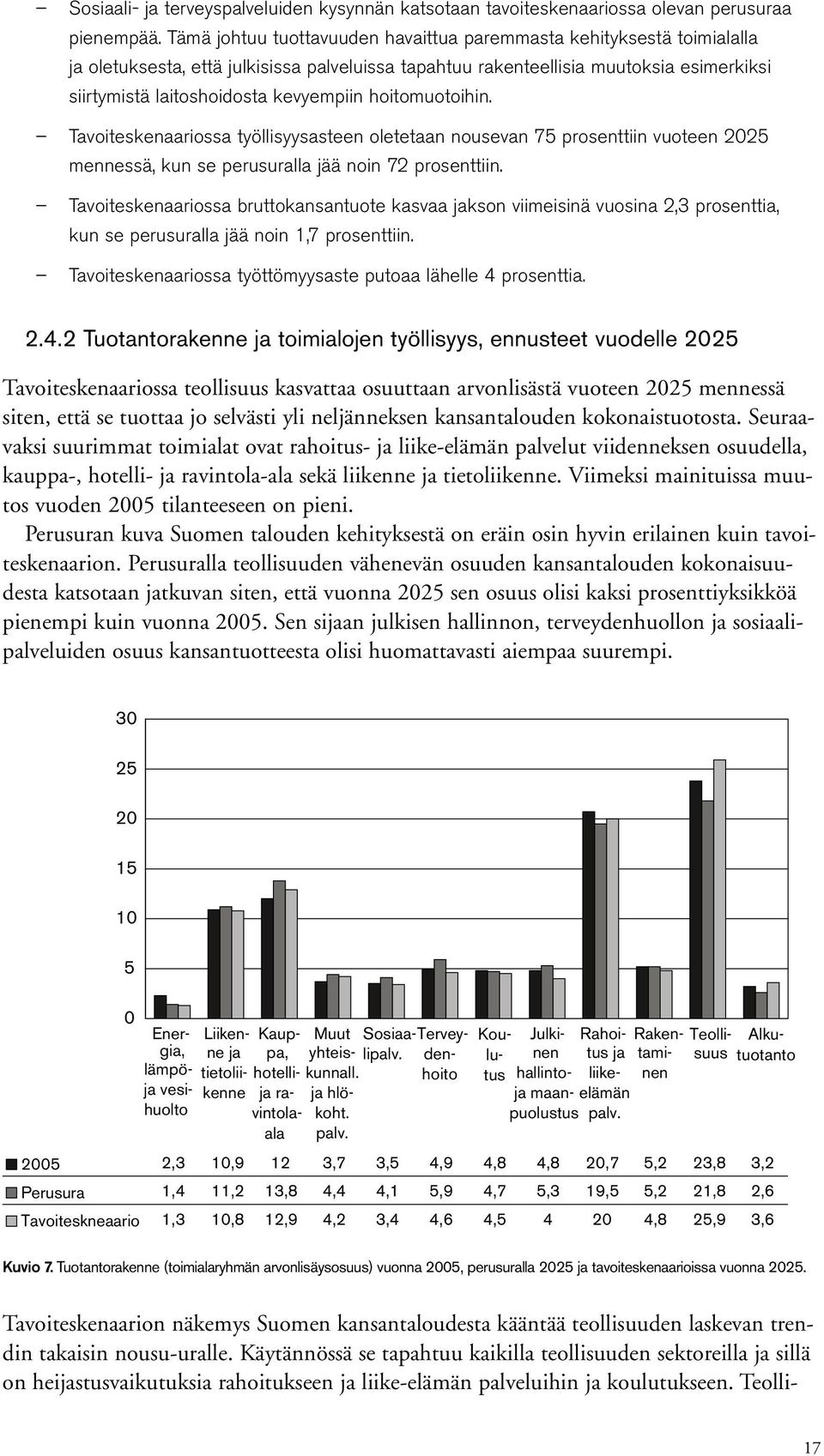 hoitomuotoihin. Tavoiteskenaariossa työllisyysasteen oletetaan nousevan 75 prosenttiin vuoteen 225 mennessä, kun se perusuralla jää noin 72 prosenttiin.