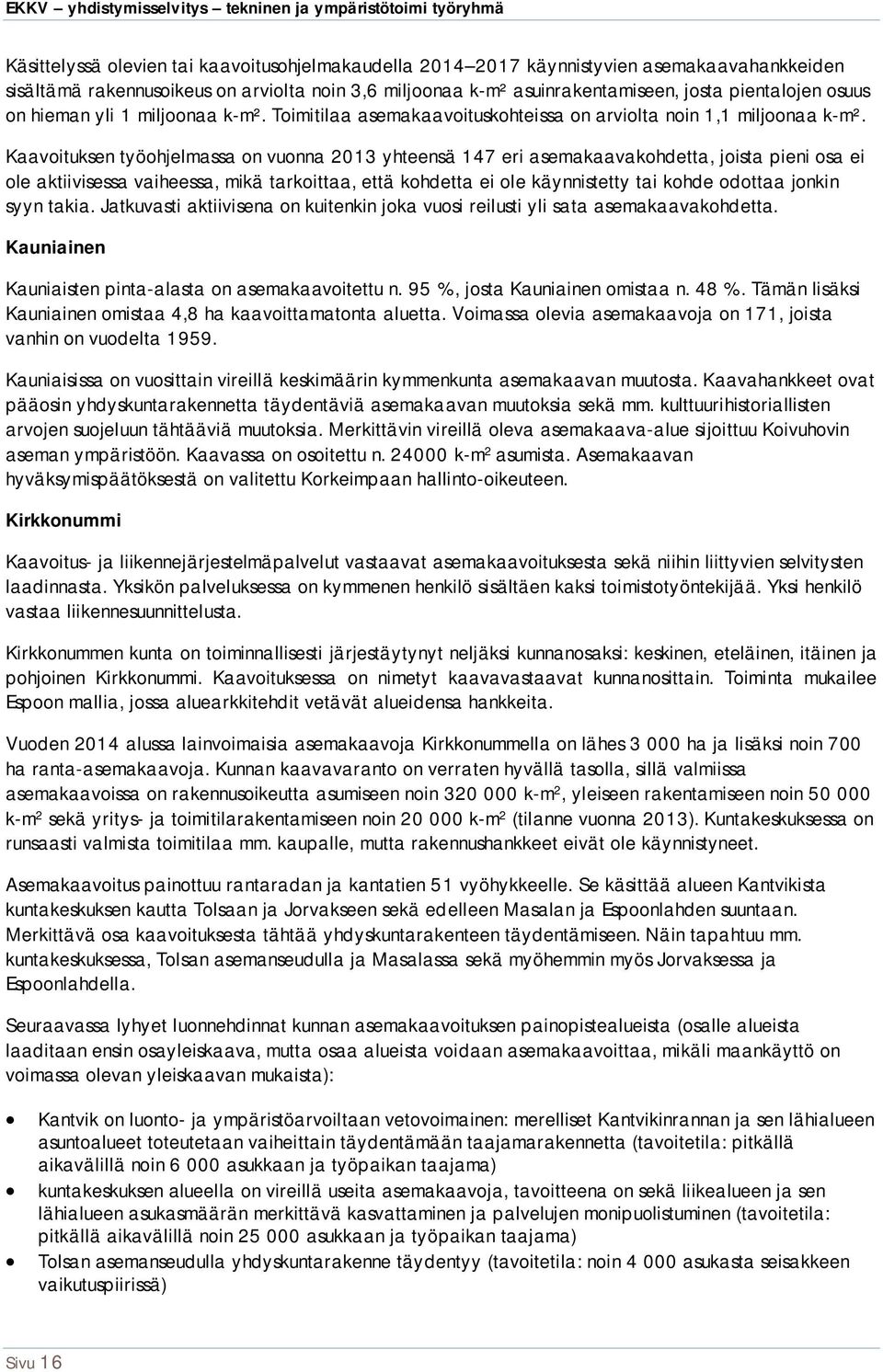 Kaavoituksen työohjelmassa on vuonna 2013 yhteensä 147 eri asemakaavakohdetta, joista pieni osa ei ole aktiivisessa vaiheessa, mikä tarkoittaa, että kohdetta ei ole käynnistetty tai kohde odottaa