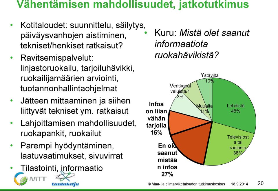 ratkaisut Lahjoittamisen mahdollisuudet, ruokapankit, ruokailut Parempi hyödyntäminen, laatuvaatimukset, sivuvirrat Tilastointi, informaatio Kuru: Mistä olet saanut