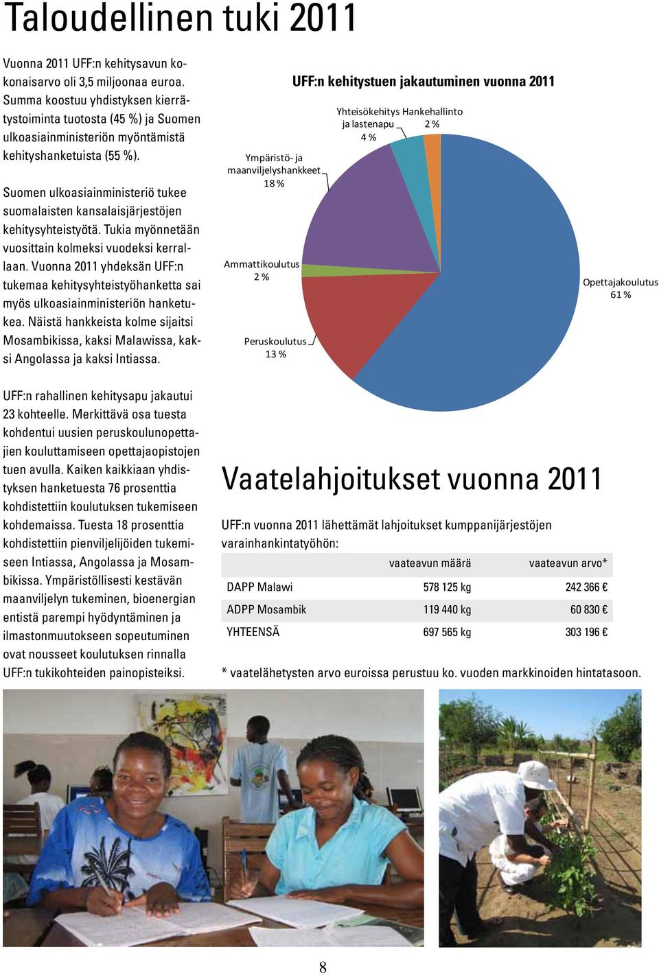 Suomen ulkoasiainministeriö tukee suomalaisten kansalaisjärjestöjen kehitysyhteistyötä. Tukia myönnetään vuosittain kolmeksi vuodeksi kerrallaan.