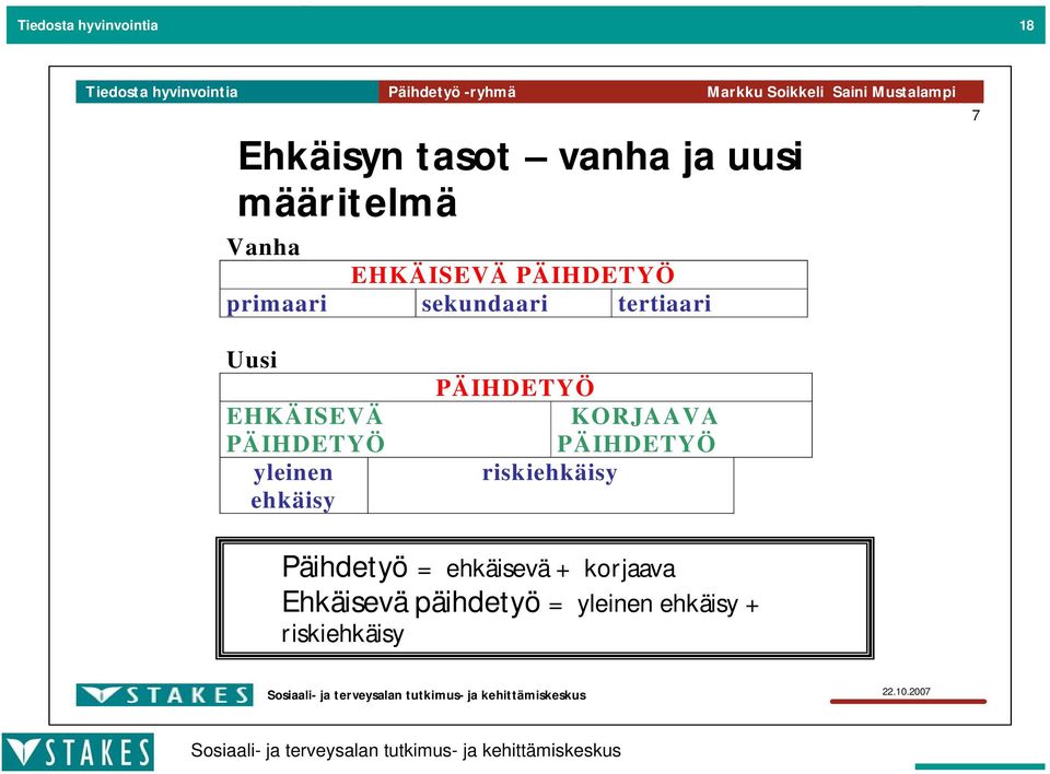 sekundaari tertiaari 7 Uusi EHKÄISEVÄ PÄIHDETYÖ yleinen ehkäisy PÄIHDETYÖ KORJAAVA PÄIHDETYÖ