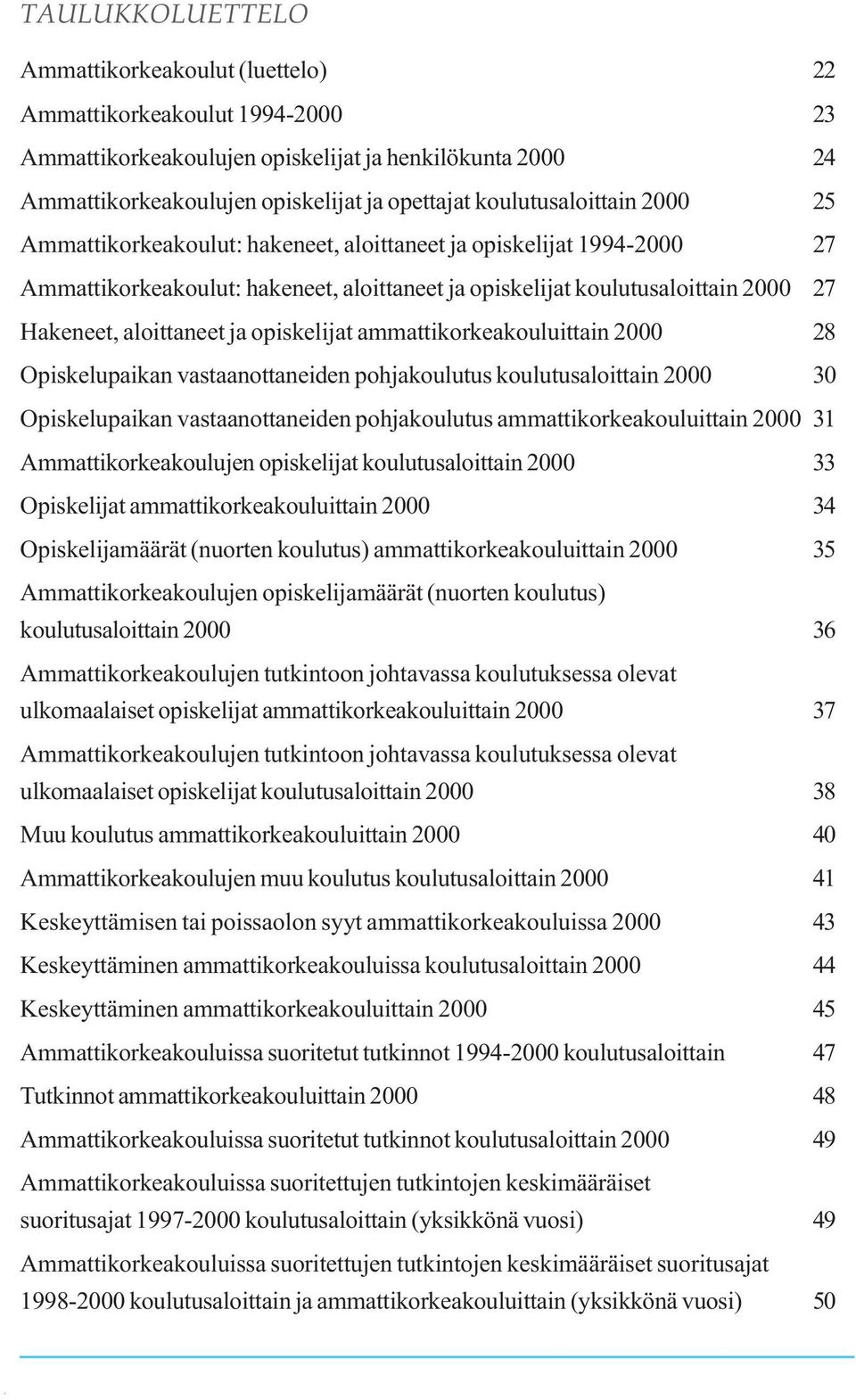 aloittaneet ja opiskelijat ammattikorkeakouluittain 2000 28 Opiskelupaikan vastaanottaneiden pohjakoulutus koulutusaloittain 2000 30 Opiskelupaikan vastaanottaneiden pohjakoulutus