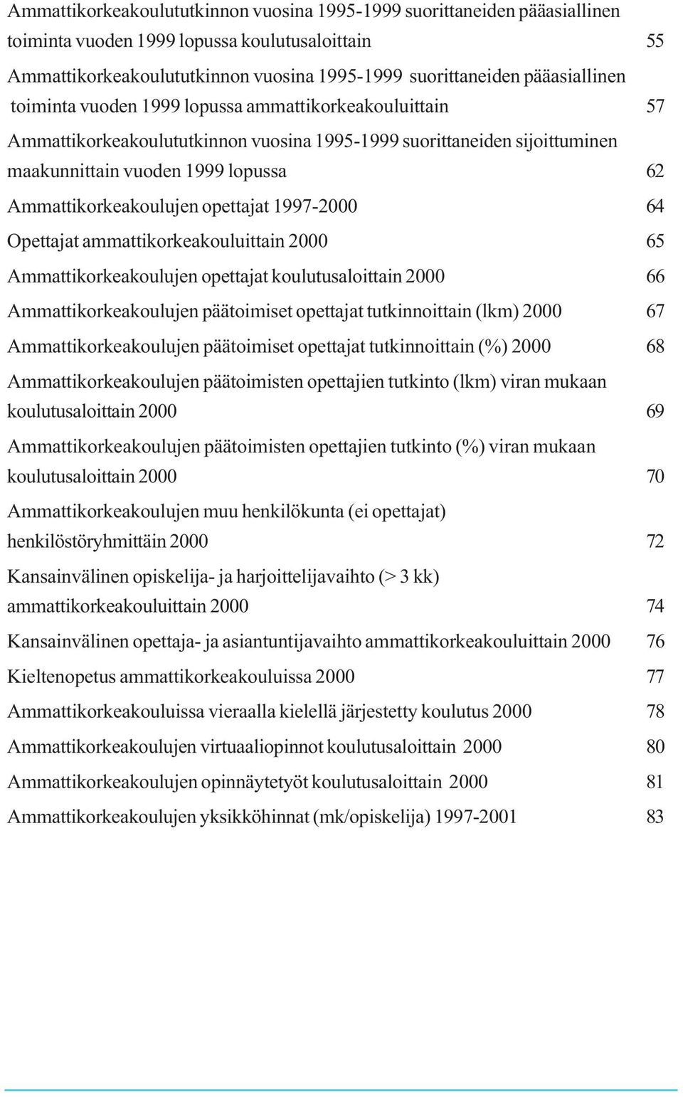 opettajat 1997-2000 64 Opettajat ammattikorkeakouluittain 2000 65 Ammattikorkeakoulujen opettajat koulutusaloittain 2000 66 Ammattikorkeakoulujen päätoimiset opettajat tutkinnoittain (lkm) 2000 67