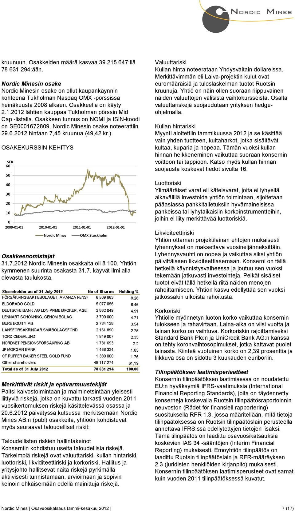 ). OSAKEKURSSIN KEHITYS Valuuttariski Kullan hinta noteerataan Yhdysvaltain dollareissa. Merkittävimmän eli Laiva-projektin kulut ovat euromääräisiä ja tuloslaskelman tuotot Ruotsin kruunuja.