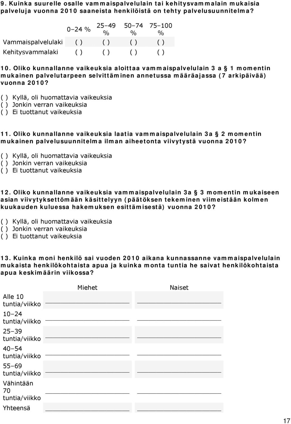 Oliko kunnallanne vaikeuksia aloittaa vammaispalvelulain 3 a 1 momentin mukainen palvelutarpeen selvittäminen annetussa määräajassa (7 arkipäivää) vuonna 2010?