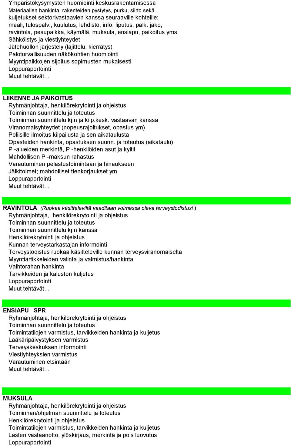 jako, ravintola, pesupaikka, käymälä, muksula, ensiapu, paikoitus yms Sähköistys ja viestiyhteydet Jätehuollon järjestely (lajittelu, kierrätys) Paloturvallisuuden näkökohtien huomiointi