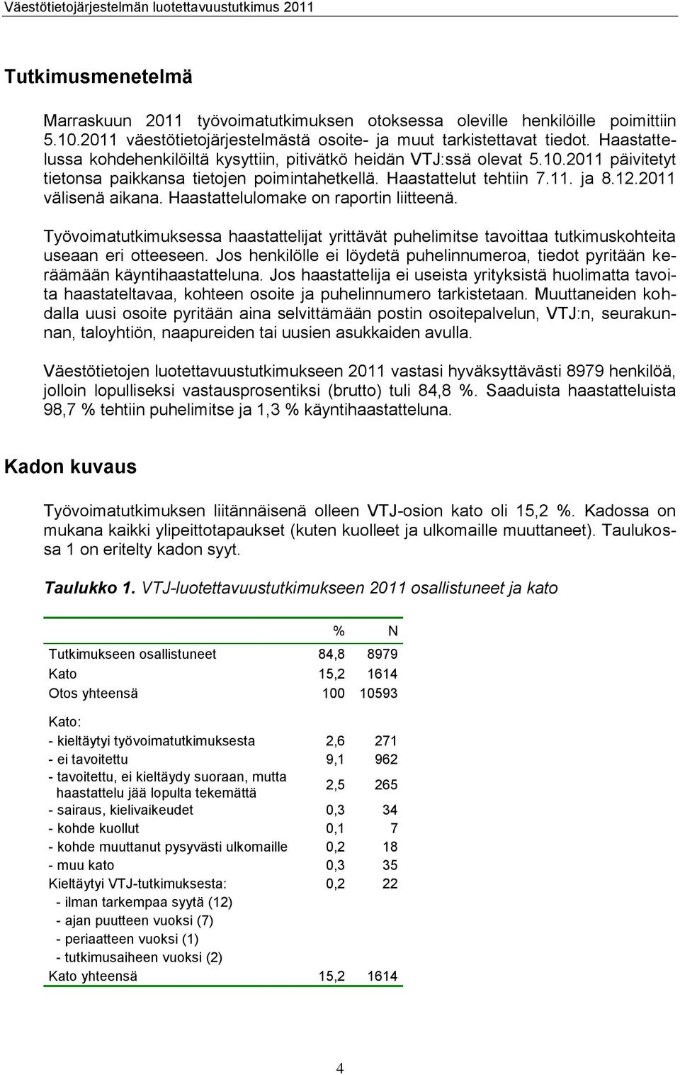 Haastattelulomake on raportin liitteenä. Työvoimatutkimuksessa haastattelijat yrittävät puhelimitse tavoittaa tutkimuskohteita useaan eri otteeseen.