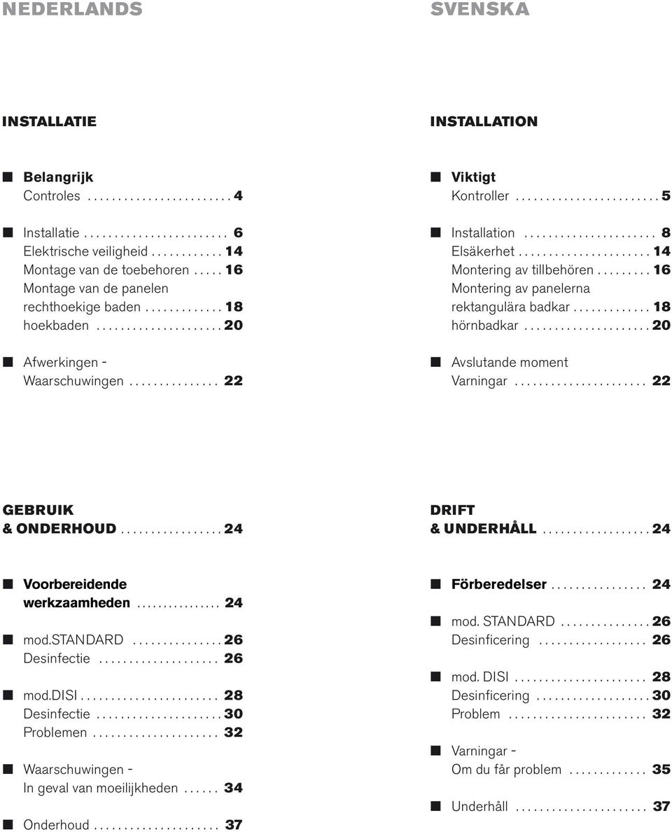 ..................... 8 Elsäkerhet...................... 4 Montering av tillbehören......... 6 Montering av panelerna rektangulära badkar............. 8 hörnbadkar..................... 0 vslutande moment Varningar.