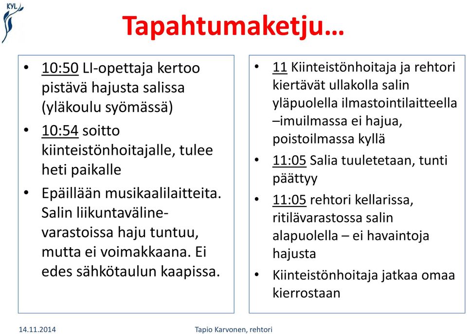 11 Kiinteistönhoitaja ja rehtori kiertävät ullakolla salin yläpuolella ilmastointilaitteella imuilmassa ei hajua, poistoilmassa kyllä 11:05