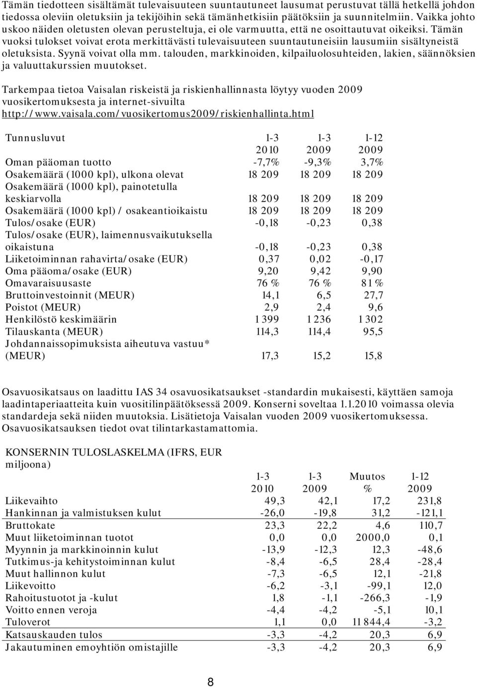 Tämän vuoksi tulokset voivat erota merkittävästi tulevaisuuteen suuntautuneisiin lausumiin sisältyneistä oletuksista. Syynä voivat olla mm.