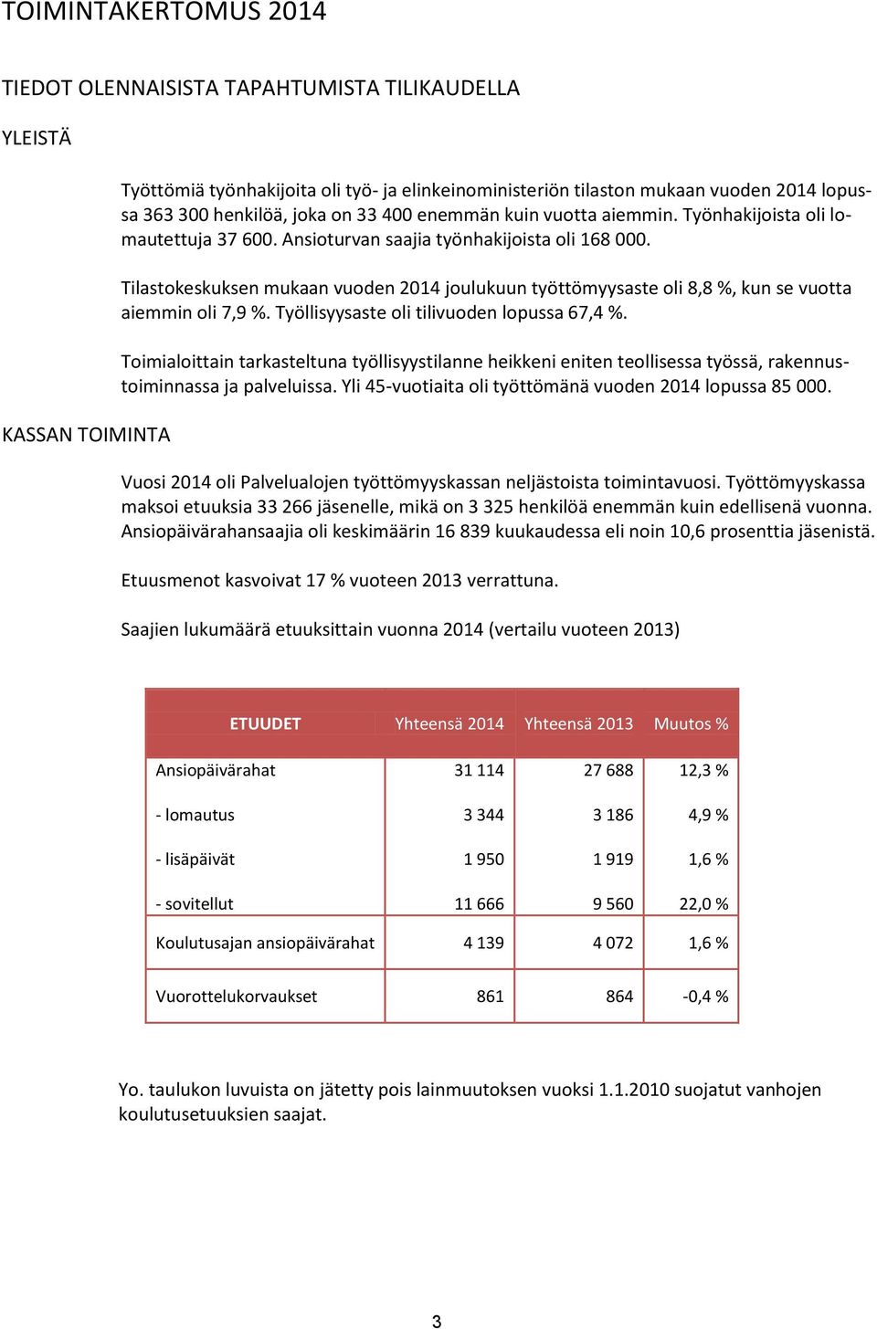 Tilastokeskuksen mukaan vuoden 2014 joulukuun työttömyysaste oli 8,8 %, kun se vuotta aiemmin oli 7,9 %. Työllisyysaste oli tilivuoden lopussa 67,4 %.