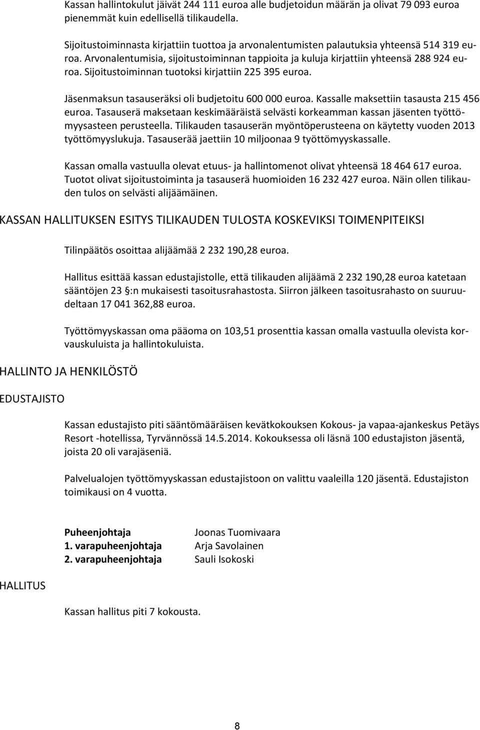 Sijoitustoiminnan tuotoksi kirjattiin 225 395 euroa. Jäsenmaksun tasauseräksi oli budjetoitu 600 000 euroa. Kassalle maksettiin tasausta 215 456 euroa.