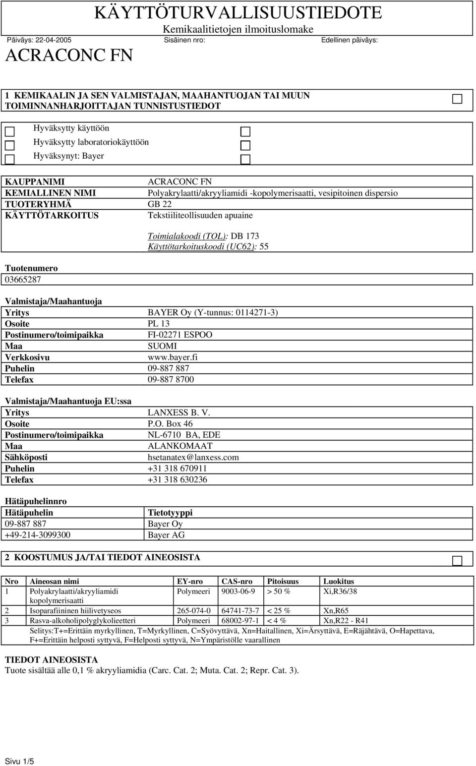 Käyttötarkoituskoodi (UC62): 55 Valmistaja/hantuoja Yritys BAYER Oy (Y-tunnus: 0114271-3) Osoite PL 13 Postinumero/toimipaikka FI-02271 ESPOO SUOMI Verkkosivu www.bayer.