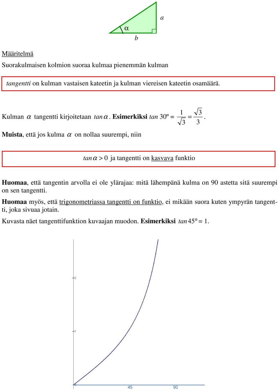 3 3 tn > 0 j tngentti on ksvv funktio Huom, että tngentin rvoll ei ole ylärj: mitä läempänä kulm on 90 stett sitä suurempi on sen