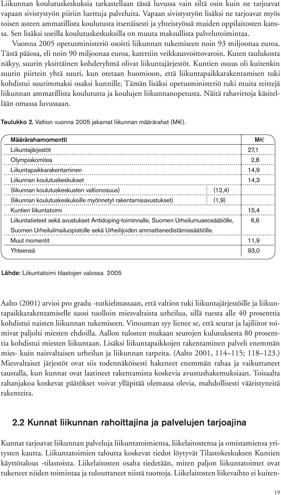 Sen lisäksi useilla koulutuskeskuksilla on muuta maksullista palvelutoimintaa. Vuonna 2005 opetusministeriö osoitti liikunnan tukemiseen noin 93 miljoonaa euroa.