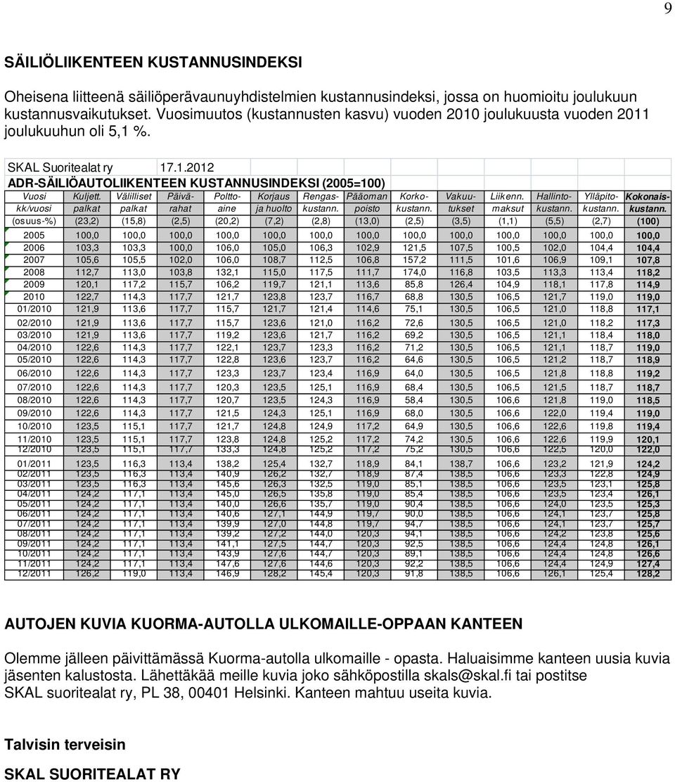 Välilliset Päivä- Poltto- Korjaus Rengas- Pääoman Korko- Vakuu- Liikenn. Hallinto- Ylläpito- Kokonaiskk/vuosi palkat palkat rahat aine ja huolto kustann. poisto kustann. tukset maksut kustann.