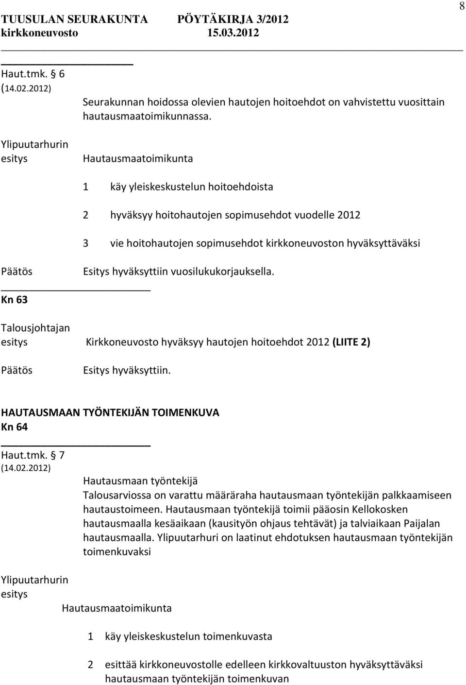 hyväksyttiin vuosilukukorjauksella. Kn 63 Kirkkoneuvosto hyväksyy hautojen hoitoehdot 2012 (LIITE 2) HAUTAUSMAAN TYÖNTEKIJÄN TOIMENKUVA Kn 64 Haut.tmk. 7 (14.02.