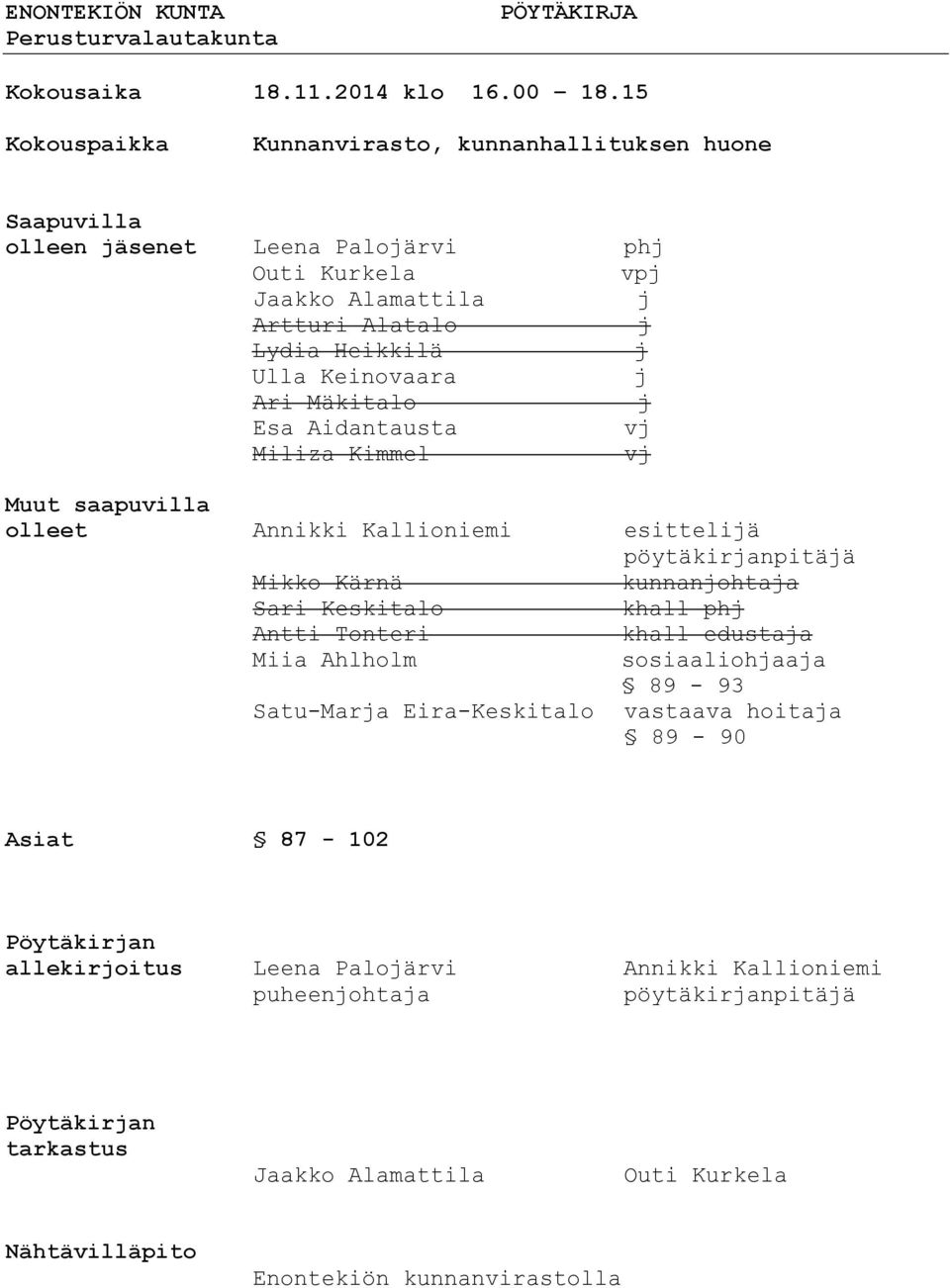 Keinovaara j Ari Mäkitalo j Esa Aidantausta vj Miliza Kimmel vj Muut saapuvilla olleet Annikki Kallioniemi esittelijä pöytäkirjanpitäjä Mikko Kärnä kunnanjohtaja Sari Keskitalo khall phj