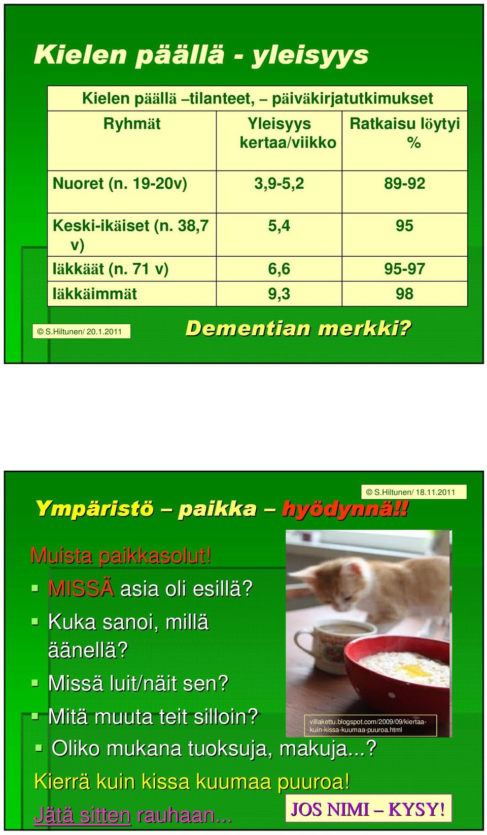 Ympärist ristö paikka hyödynn dynnä!! Muista paikkasolut! MISSÄ asia oli esillä? Kuka sanoi, millä äänell nellä? Missä luit/näit sen? Mitä muuta teit silloin?