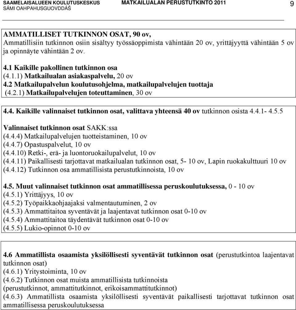 4.1-4.5.5 Valinnaiset tutkinnon osat SAKK:ssa (4.4.4) Matkailupalvelujen tuotteistaminen, 10 ov (4.4.7) Opastuspalvelut, 10 ov (4.4.10) Retki-, erä- ja luontoruokailupalvelut, 10 ov (4.4.11) Paikallisesti tarjottavat matkailualan tutkinnon osat, 5-10 ov, Lapin ruokakulttuuri 10 ov (4.