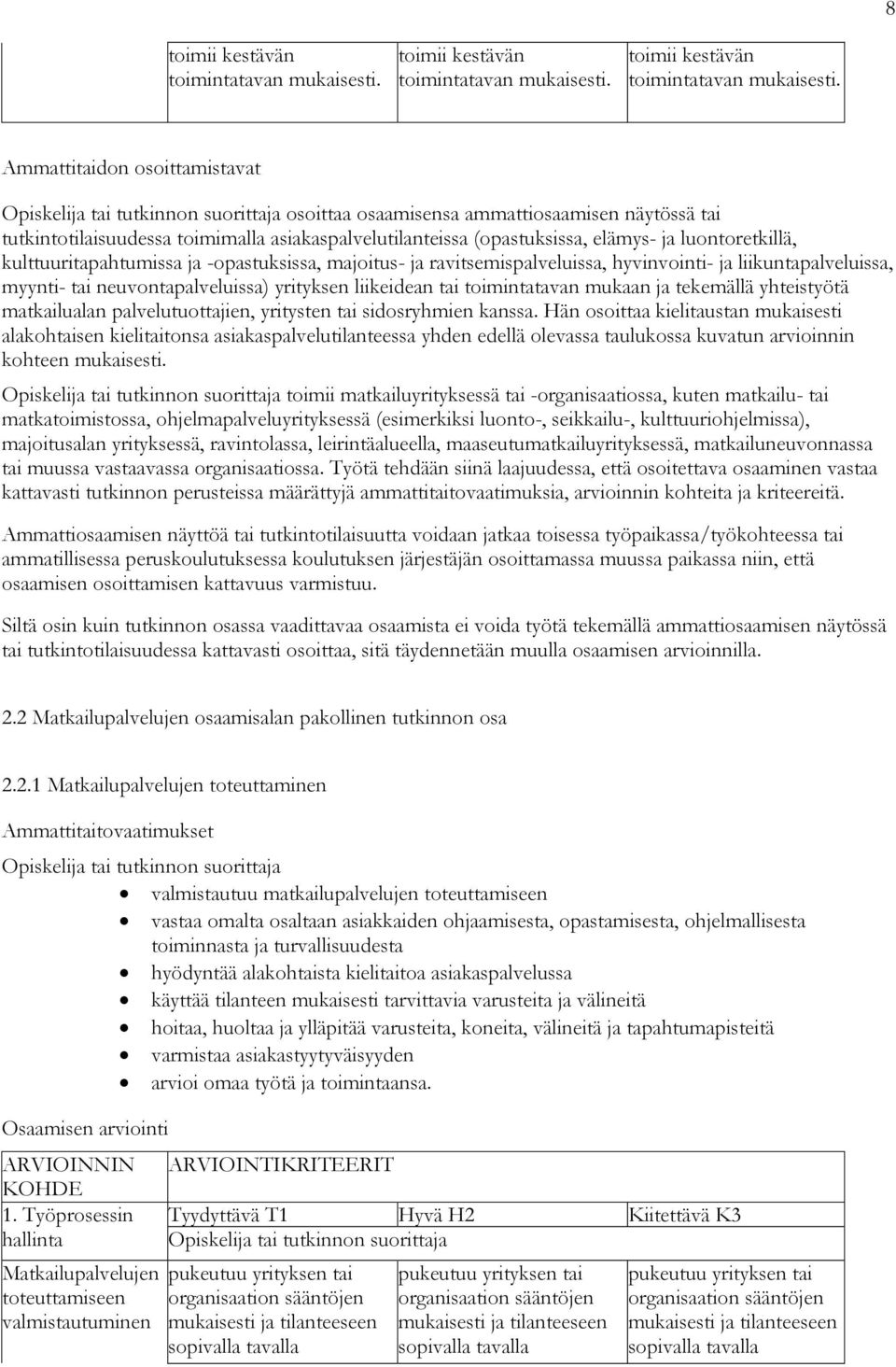 Ammattitaidon osoittamistavat tai tutkinnon suorittaja osoittaa osaamisensa ammattiosaamisen näytössä tai tutkintotilaisuudessa toimimalla asiakaspalvelutilanteissa (opastuksissa, elämys- ja