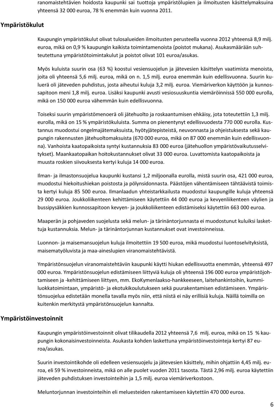 Asukasmäärään suhteutettuna ympäristötoimintakulut ja poistot olivat 101 euroa/asukas.