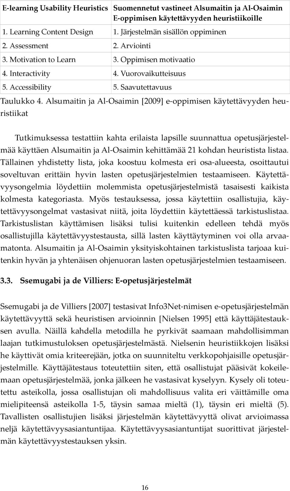 Alsumaitin ja Al Osaimin [2009] e oppimisen käytettävyyden heuristiikat Tutkimuksessa testattiin kahta erilaista lapsille suunnattua opetusjärjestelmää käyttäen Alsumaitin ja Al Osaimin kehittämää 21