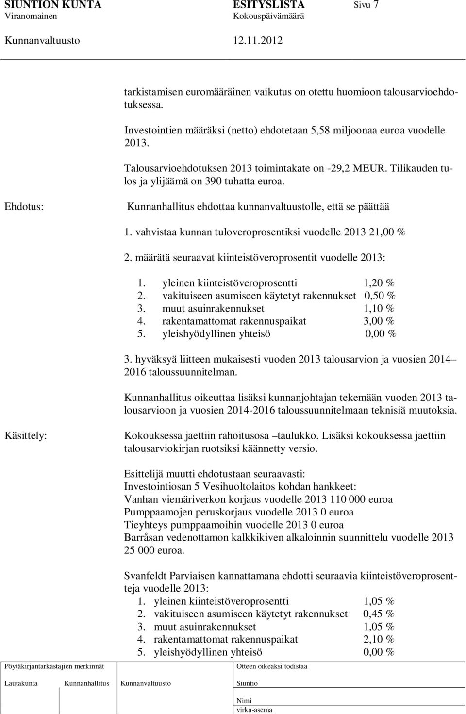 vahvistaa kunnan tuloveroprosentiksi vuodelle 2013 21,00 % 2. määrätä seuraavat kiinteistöveroprosentit vuodelle 2013: 1. yleinen kiinteistöveroprosentti 1,20 % 2.