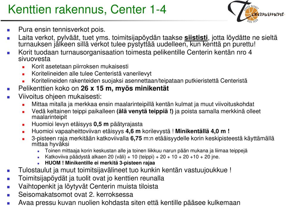 Korit tuodaan turnausorganisaation toimesta pelikentille Centerin kentän nro 4 sivuovesta Korit asetetaan piirroksen mukaisesti Koritelineiden alle tulee Centeristä vanerilevyt Koritelineiden