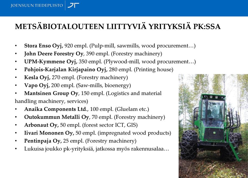 (Forestry machinery) Vapo Oyj, 200 empl. (Saw-mills, bioenergy) Mantsinen Group Oy, 150 empl. (Logistics and material handling machinery, services) Anaika Components Ltd., 100 empl.