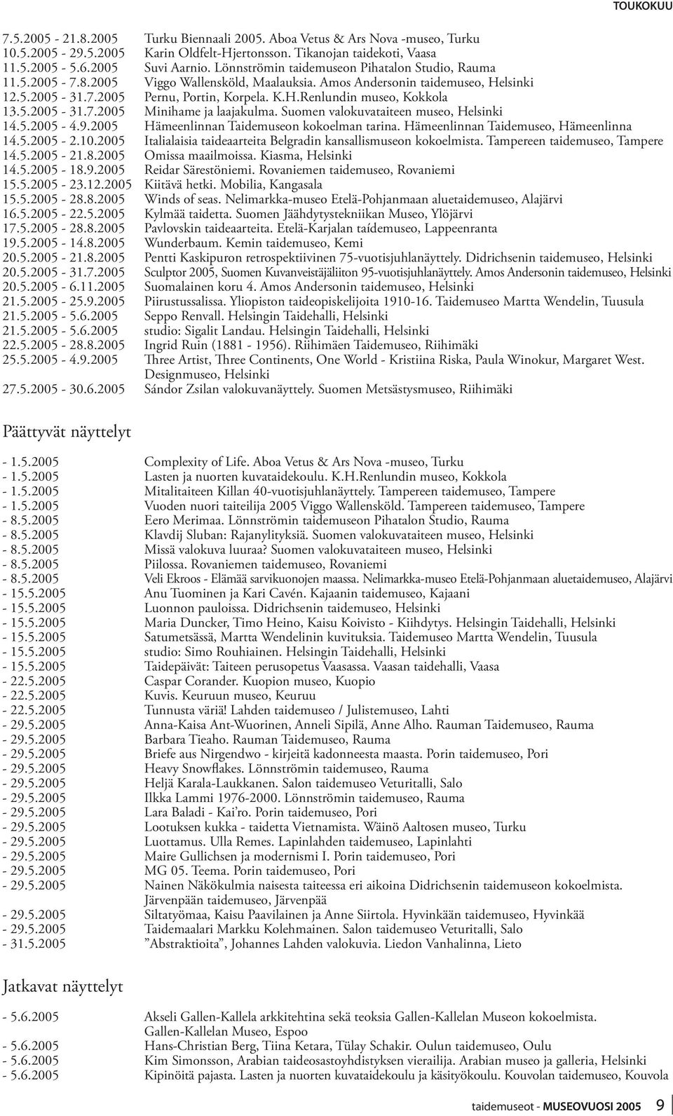 5.2005-31.7.2005 Minihame ja laajakulma. Suomen valokuvataiteen museo, Helsinki 14.5.2005-4.9.2005 Hämeenlinnan Taidemuseon kokoelman tarina. Hämeenlinnan Taidemuseo, Hämeenlinna 14.5.2005-2.10.