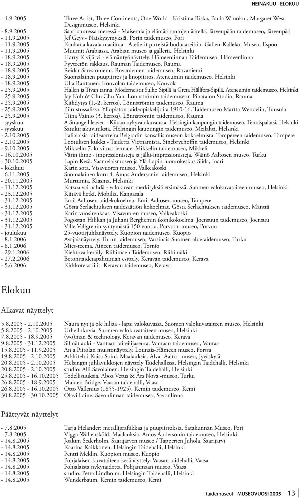 9.2005 Muumit Arabiassa. Arabian museo ja galleria, Helsinki - 18.9.2005 Harry Kivijärvi - elämäntyönäyttely. Hämeenlinnan Taidemuseo, Hämeenlinna - 18.9.2005 Pyyteetön rakkaus.