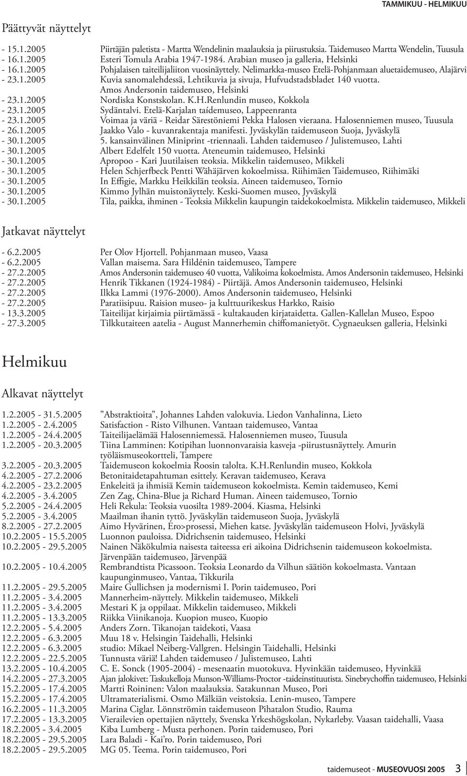 Amos Andersonin taidemuseo, Helsinki - 23.1.2005 Nordiska Konstskolan. K.H.Renlundin museo, Kokkola - 23.1.2005 Sydäntalvi. Etelä-Karjalan taídemuseo, Lappeenranta - 23.1.2005 Voimaa ja väriä - Reidar Särestöniemi Pekka Halosen vieraana.