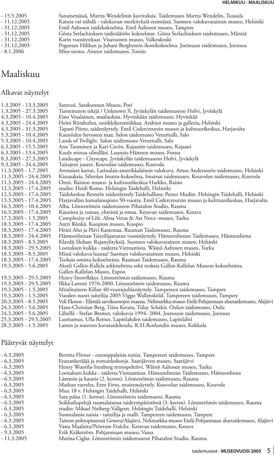 Gösta Serlachiuksen taidemuseo, Mänttä - 31.12.2005 Karin vuosirenkaat. Visavuoren museo, Valkeakoski - 31.12.2005 Pogostan Hilikan ja Juhani Berghemin ikonikokoelma. Joensuun taidemuseo, Joensuu - 8.