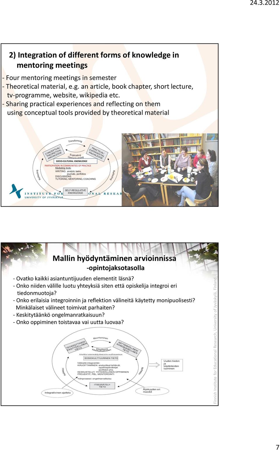 SOCIO-CULTURAL PARTICIPATION IN COMMUNITIES OF PRACTICE Mediating tools: SELF-REGULATIVE PRACTICAL/ EXPERIENTIAL WRITING: analytic tasks, journals, portfolios DISCUSSIONS TUTORING, MENTORING,