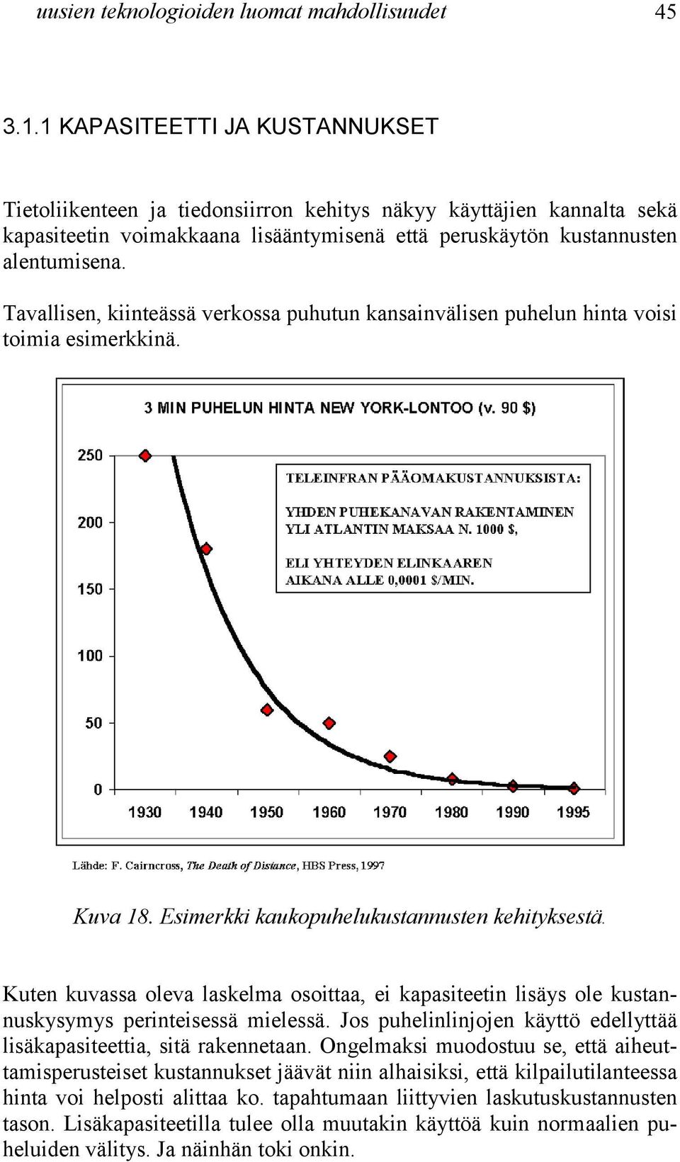 Tavallisen, kiinteässä verkossa puhutun kansainvälisen puhelun hinta voisi toimia esimerkkinä. Kuva 18. Esimerkki kaukopuhelukustannusten kehityksestä.