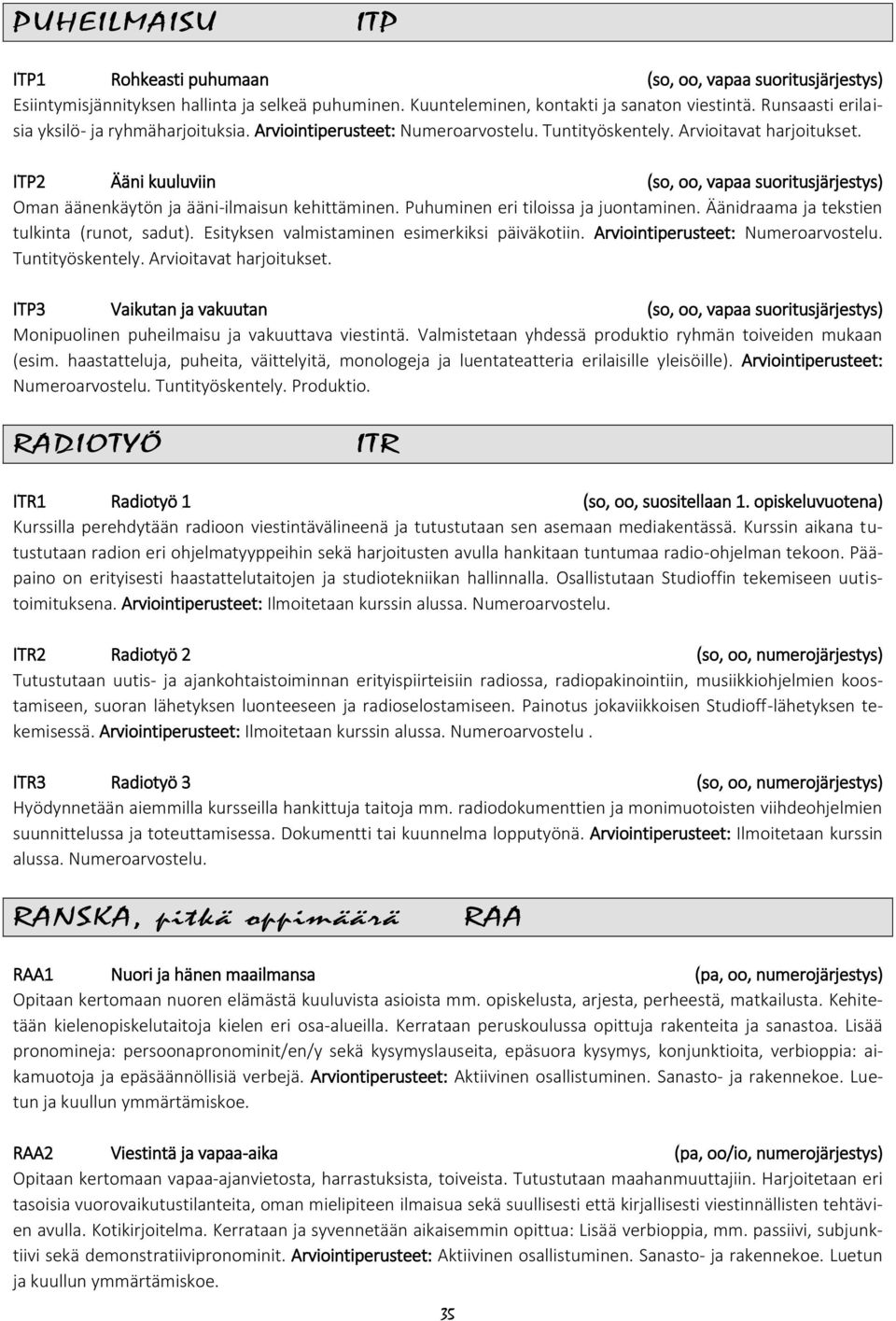 ITP2 Ääni kuuluviin (so, oo, vapaa suoritusjärjestys) Oman äänenkäytön ja ääni-ilmaisun kehittäminen. Puhuminen eri tiloissa ja juontaminen. Äänidraama ja tekstien tulkinta (runot, sadut).