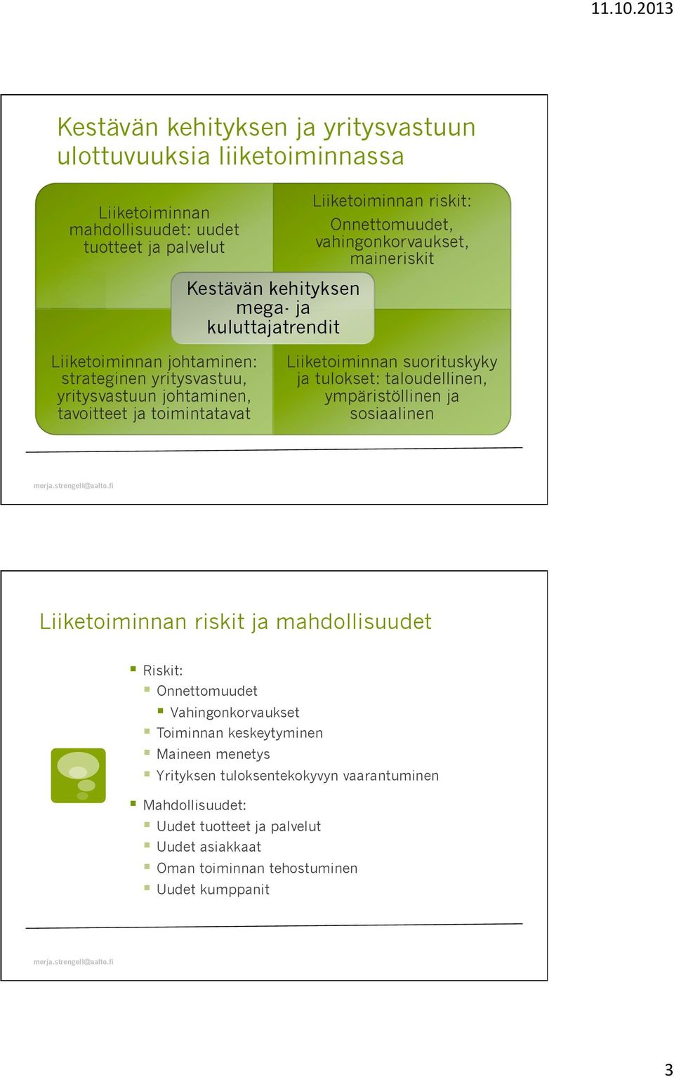 toimintatavat Liiketoiminnan suorituskyky ja tulokset: taloudellinen, ympäristöllinen ja sosiaalinen Liiketoiminnan riskit ja mahdollisuudet Riskit: Onnettomuudet