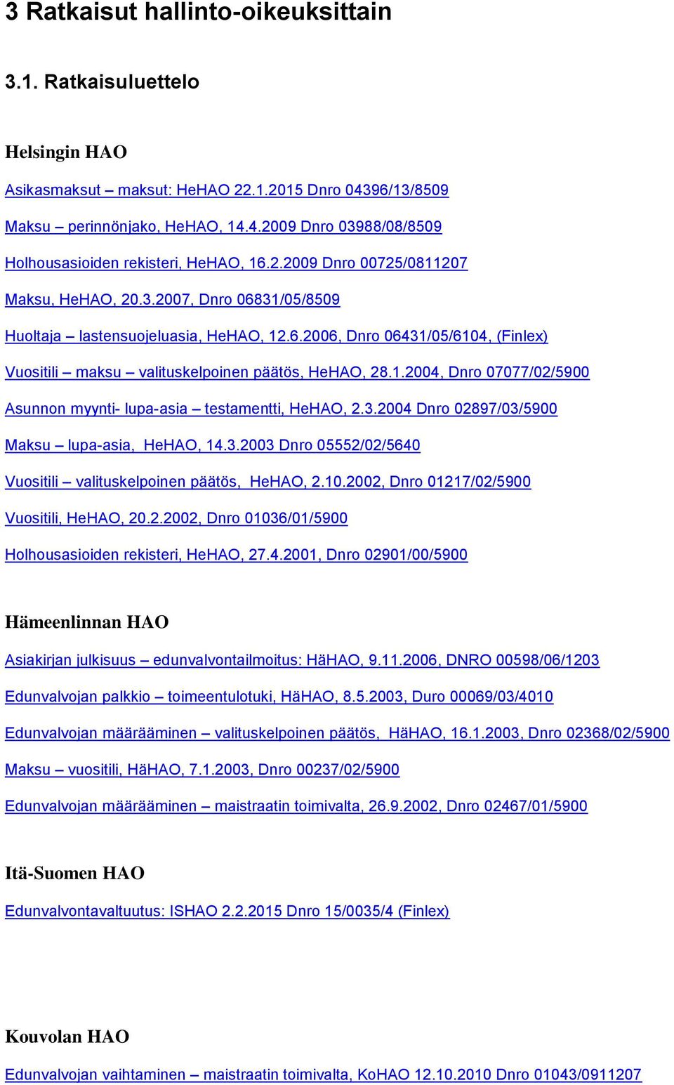 3.2004 Dnro 02897/03/5900 Maksu lupa-asia, HeHAO, 14.3.2003 Dnro 05552/02/5640 Vuositili valituskelpoinen päätös, HeHAO, 2.10.2002, Dnro 01217/02/5900 Vuositili, HeHAO, 20.2.2002, Dnro 01036/01/5900 Holhousasioiden rekisteri, HeHAO, 27.