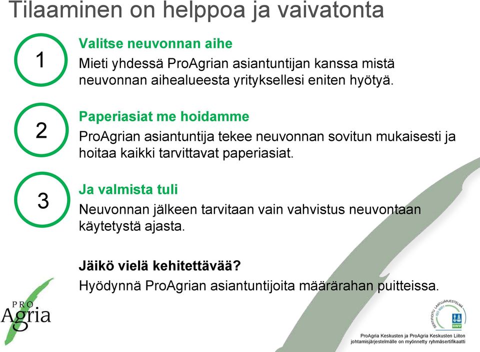 2 Paperiasiat me hoidamme ProAgrian asiantuntija tekee neuvonnan sovitun mukaisesti ja hoitaa kaikki tarvittavat
