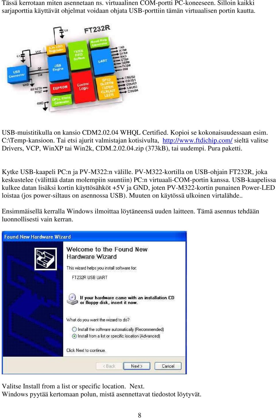 com/ sieltä valitse Drivers, VCP, WinXP tai Win2k, CDM.2.02.04.zip (373kB), tai uudempi. Pura paketti. Kytke USB-kaapeli PC:n ja PV-M322:n välille.