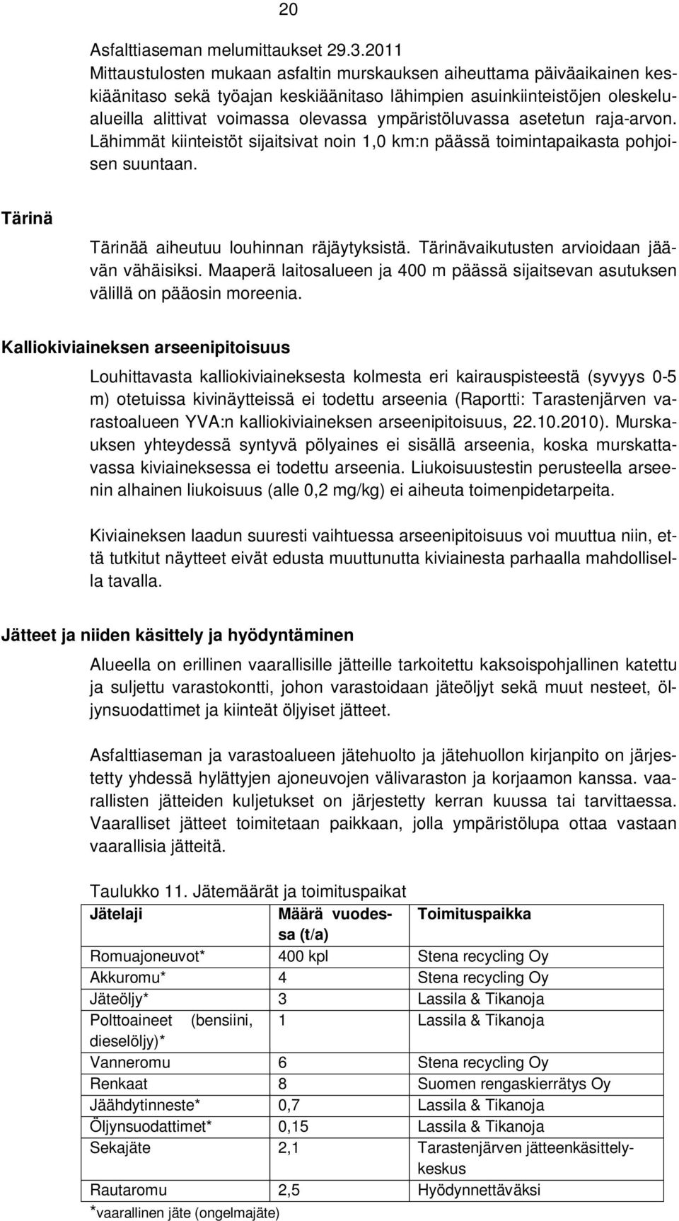 ympäristöluvassa asetetun raja-arvon. Lähimmät kiinteistöt sijaitsivat noin 1,0 km:n päässä toimintapaikasta pohjoisen suuntaan. Tärinä Tärinää aiheutuu louhinnan räjäytyksistä.