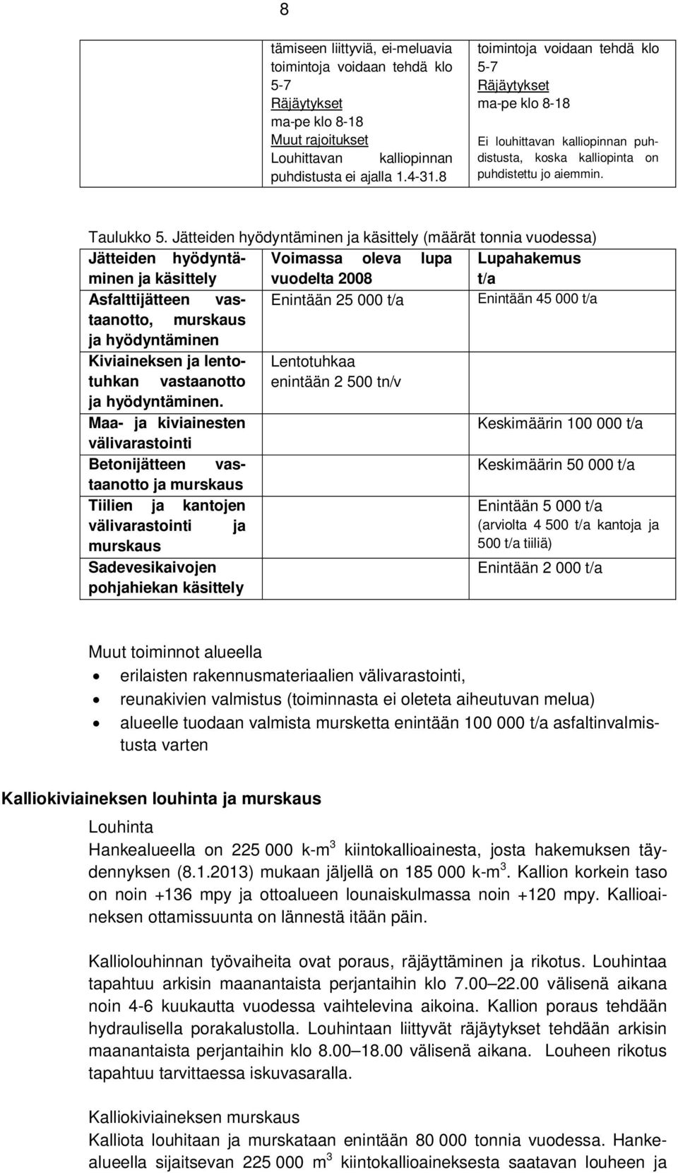 Jätteiden hyödyntäminen ja käsittely (määrät tonnia vuodessa) Jätteiden hyödyntäminen Voimassa oleva lupa Lupahakemus ja käsittely vuodelta 2008 t/a Asfalttijätteen vastaanotto, Enintään 25 000 t/a