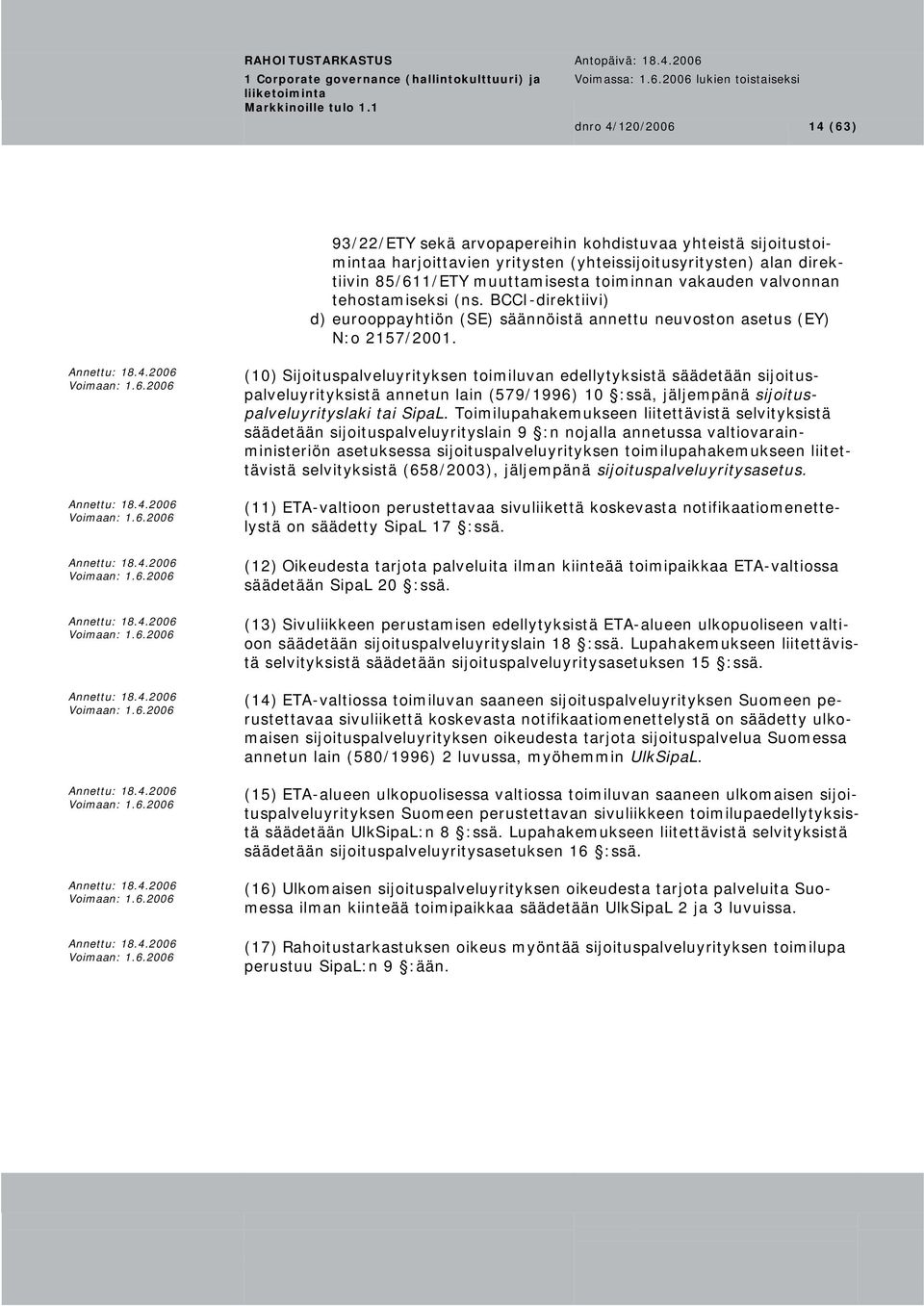 (10) Sijoituspalveluyrityksen toimiluvan edellytyksistä säädetään sijoituspalveluyrityksistä annetun lain (579/1996) 10 :ssä, jäljempänä sijoitus- tai SipaL.